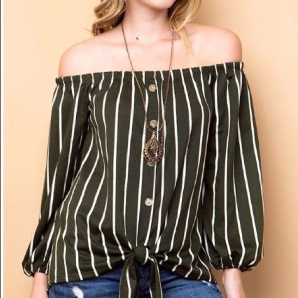 Off shoulder Olive and cream striped top